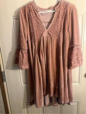 POL Velvet Mini Dress in Dusty Rose Women’s MEDIUM Boho Embroidered Tunic